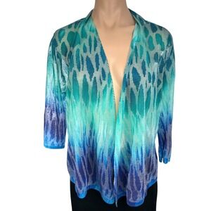 Chico's Cardigan Lightweight 3/4 Sleeve Green Blue White Sz 2/ L Cotton/Polyeste